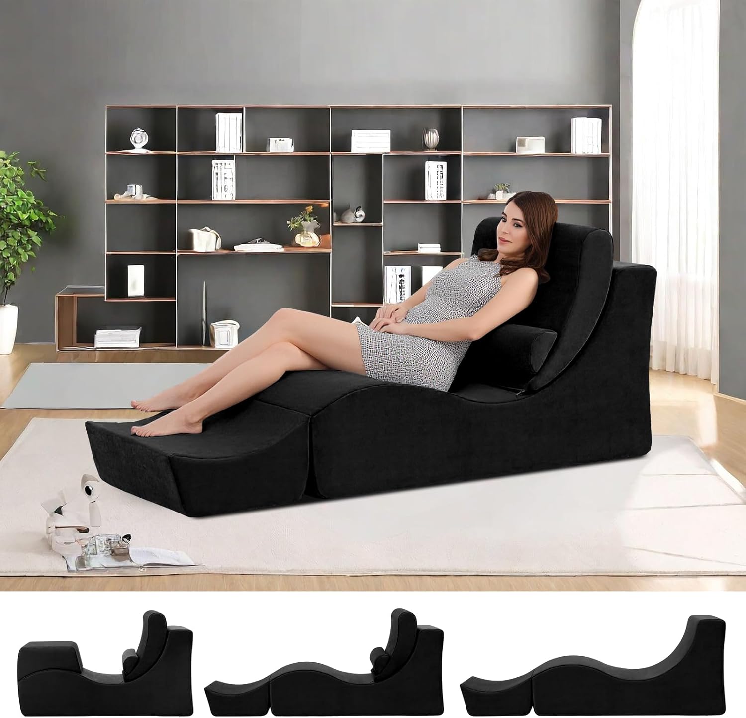 Yoga Chaise Lounge Indoor, Ergonomic Reading Chair for Adults, Multifunctional Foam Recliner for Living Room,Adjustable Footrests & Lumbar Support Pillow，Yoga Chair