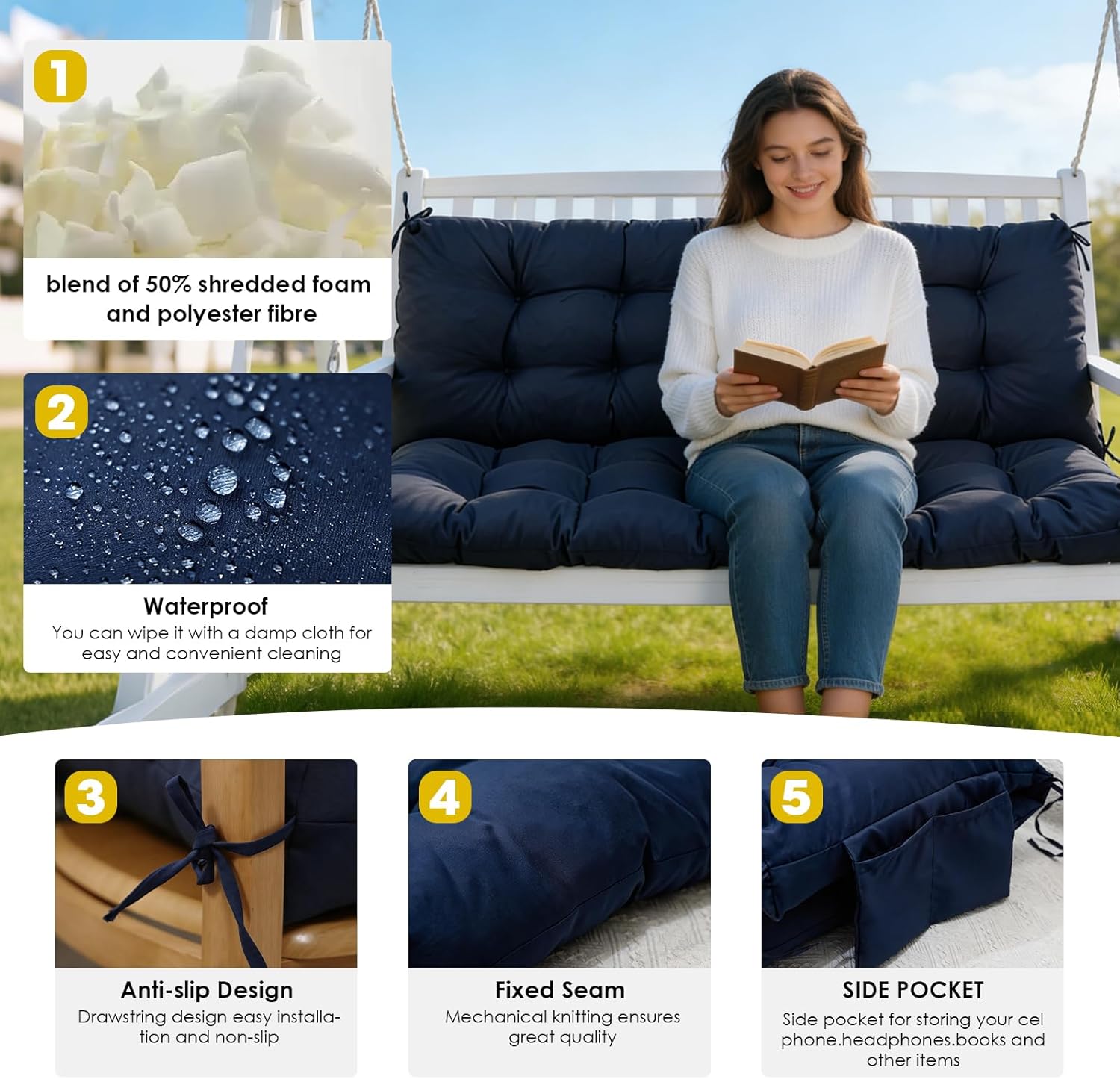 Porch Swing Cushions,Waterproof Bench Cushion for Outdoor Furniture,2-3 Seater Replacement Thickened Swing Cushion with Ties,Patio,Outdoor,Backyard and Garden（60x40,Navy Blue