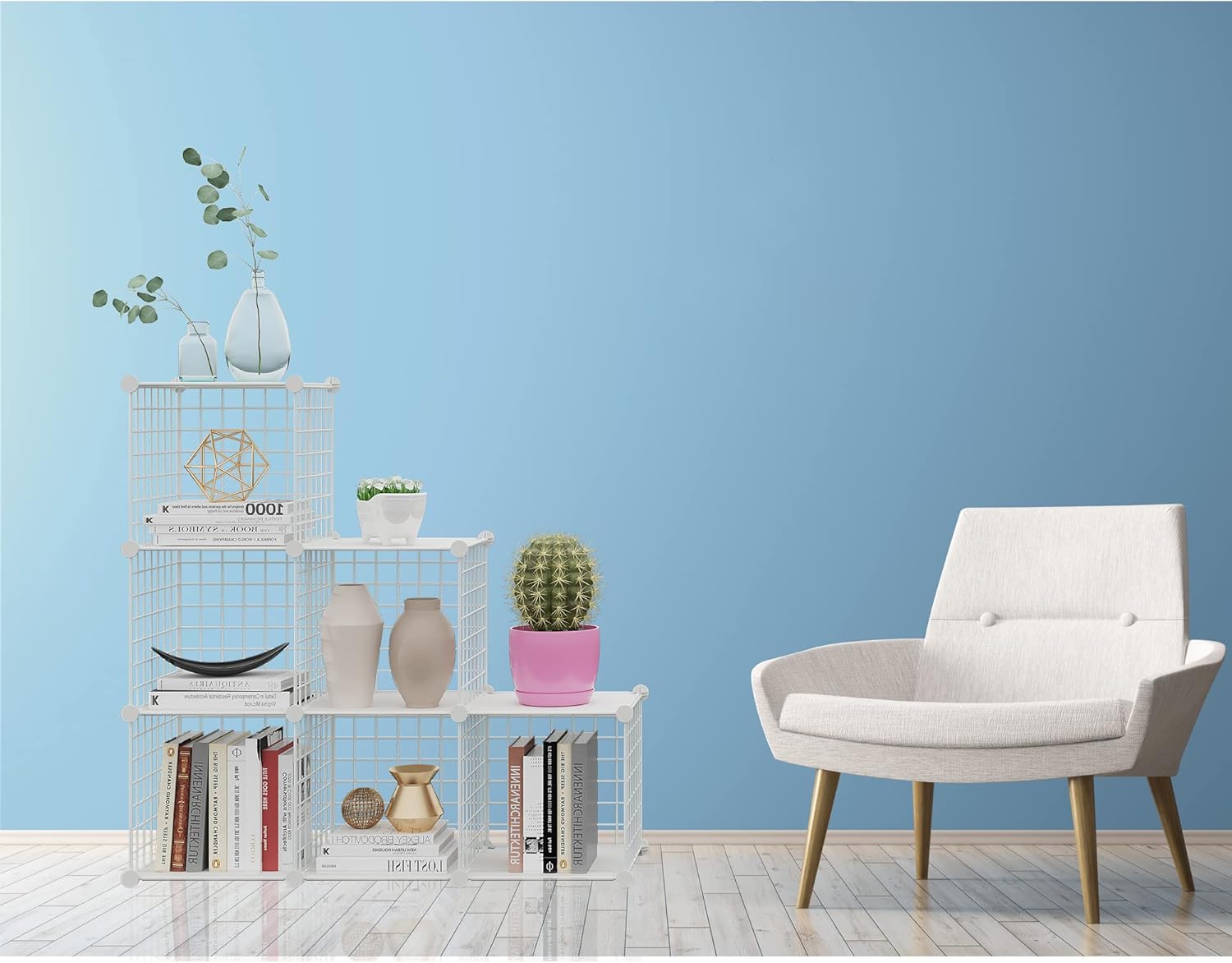 HUBSON Wire Cube Storage Organizer, Book/Toy/Craft/Potted Plants and petCloset Organizers and Storage Shelves, 6-Cube Freely Combinable Metal Grids Storage Shelf,White Plus Iron