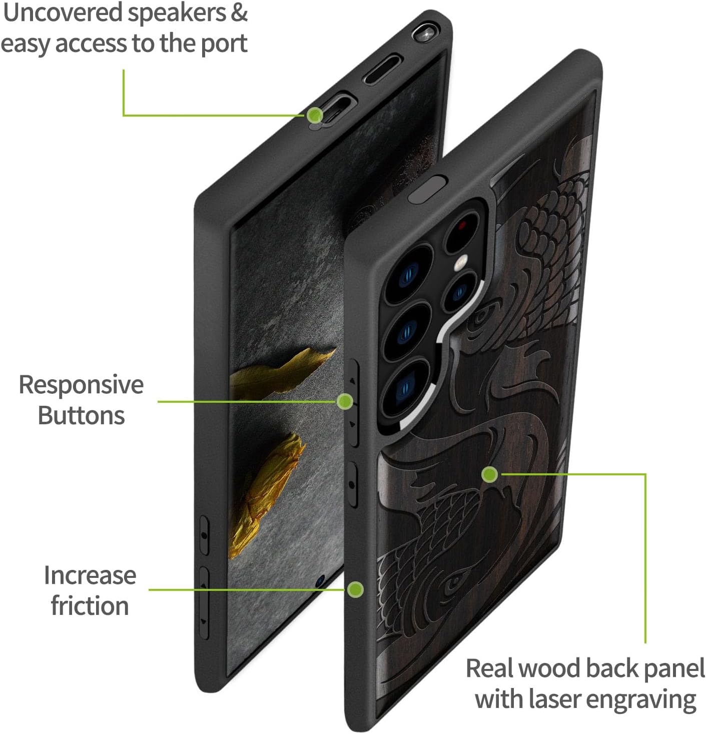 Carveit Wood Case for Galaxy S24 Ultra Case [Natural Wood & Black Soft TPU] Shockproof Protective Cover Unique Wooden Design Compatible with Samsung S24 Ultra (Yin Yang Koi Fish Symbol-Blackwood)
