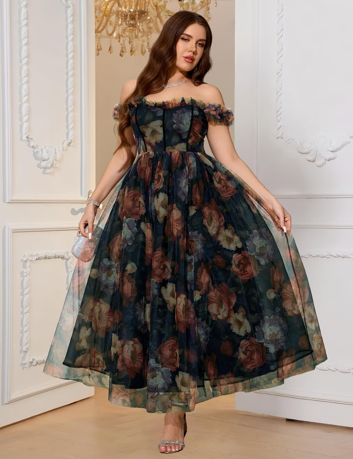 Women's Plus Size Formal Party Cocktail Dress, Wedding Guest Evening Gown with Slit - Off Shoulder Floral Tulle Maxi Dress - Image 5