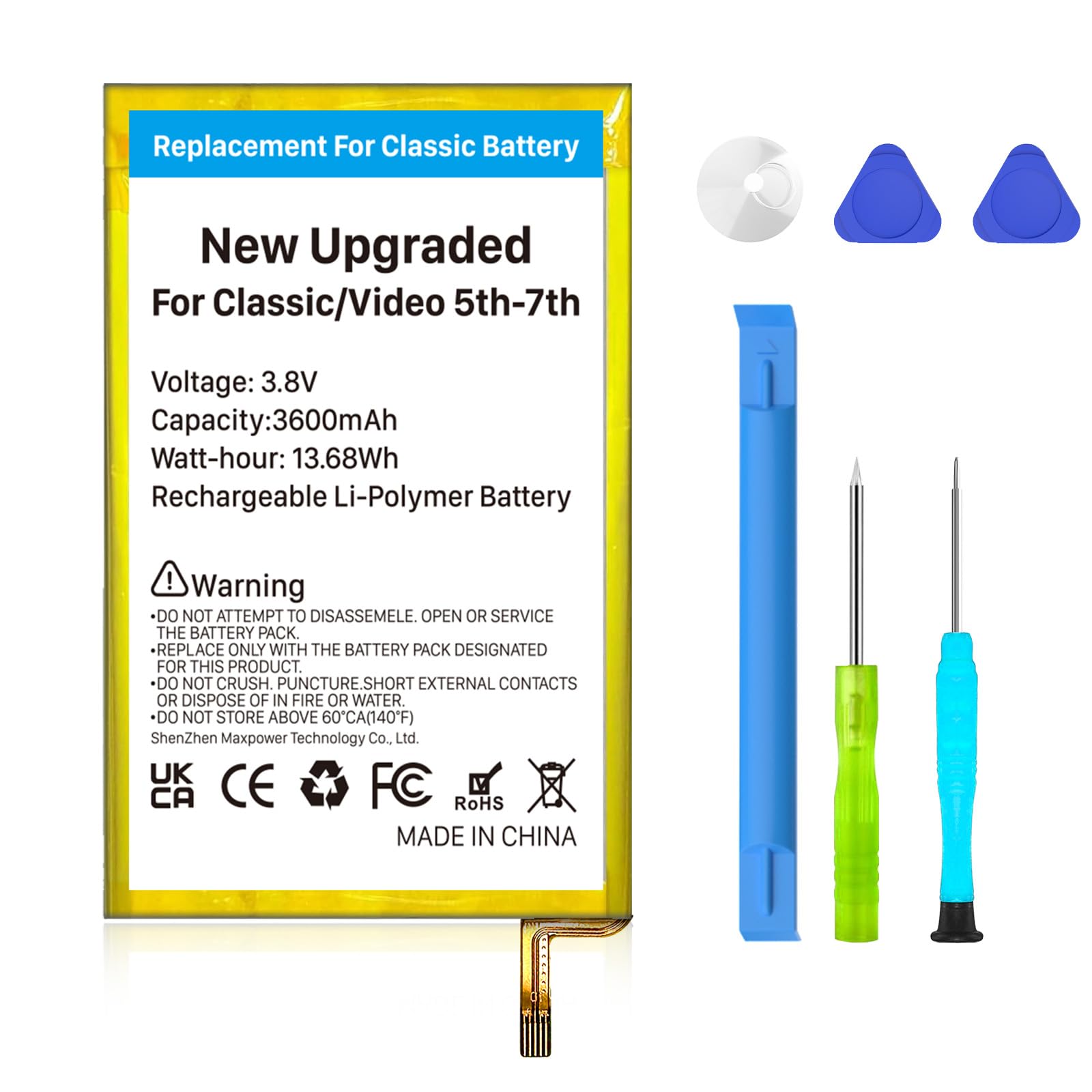 Sostituzione della batteria per iPod Classic/Video (2026, nuovo aggiornamento) - Batteria ai polimeri di litio ad altissima capacità (3600 mAh), compatibile con iPod Classic/Video di 5a 7a generazione