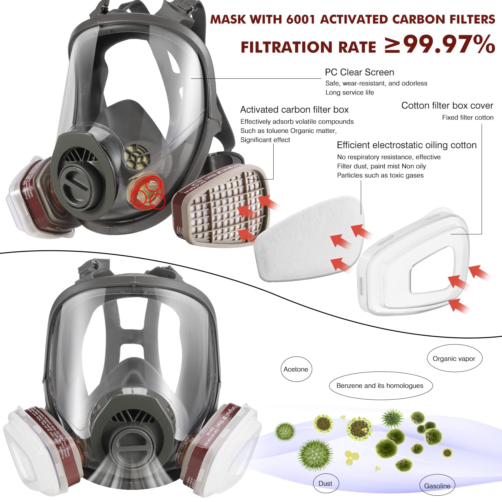 Maschera a gas per il viso, respiratore con filtro a carbone attivo da 40 mm e filtri 6001CN, maschere antigas contro polvere, vernice, lucidatura, saldatura, vapore organico, prodotti