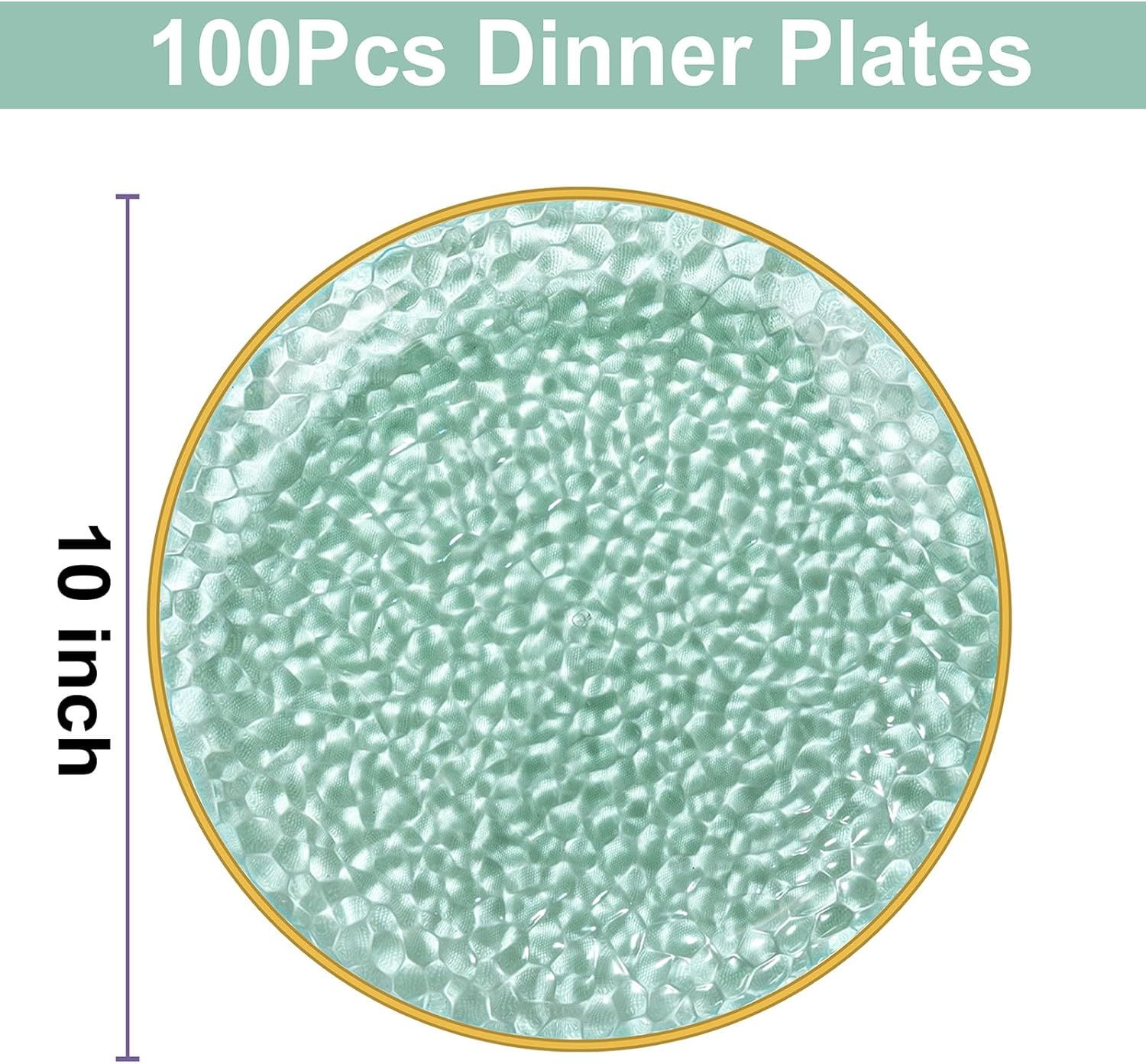 Rubtlamp 100 Pcs Green Plastic Dinner Plates, 10 inch Clear Green Dinner Plates with Gold Rim, Hammer Pattern Design, Fancy Disposable Platos, Heavy Duty Party Platos for St Patricks Day