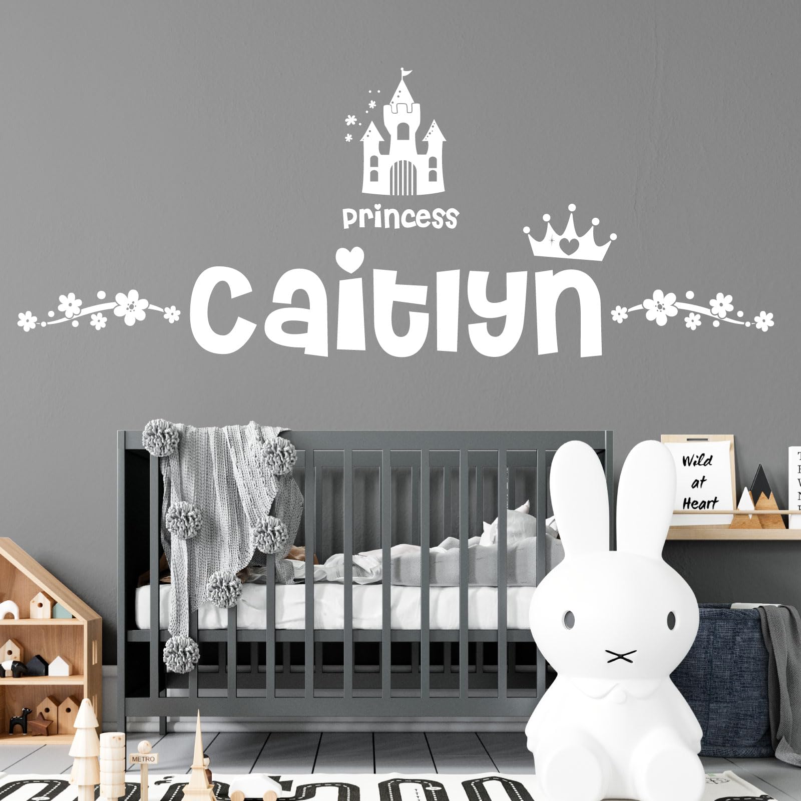 Personalised Name Girls Wall Art Sticker - Princess Disney Castle Crown Floral Motive [Large] [White]