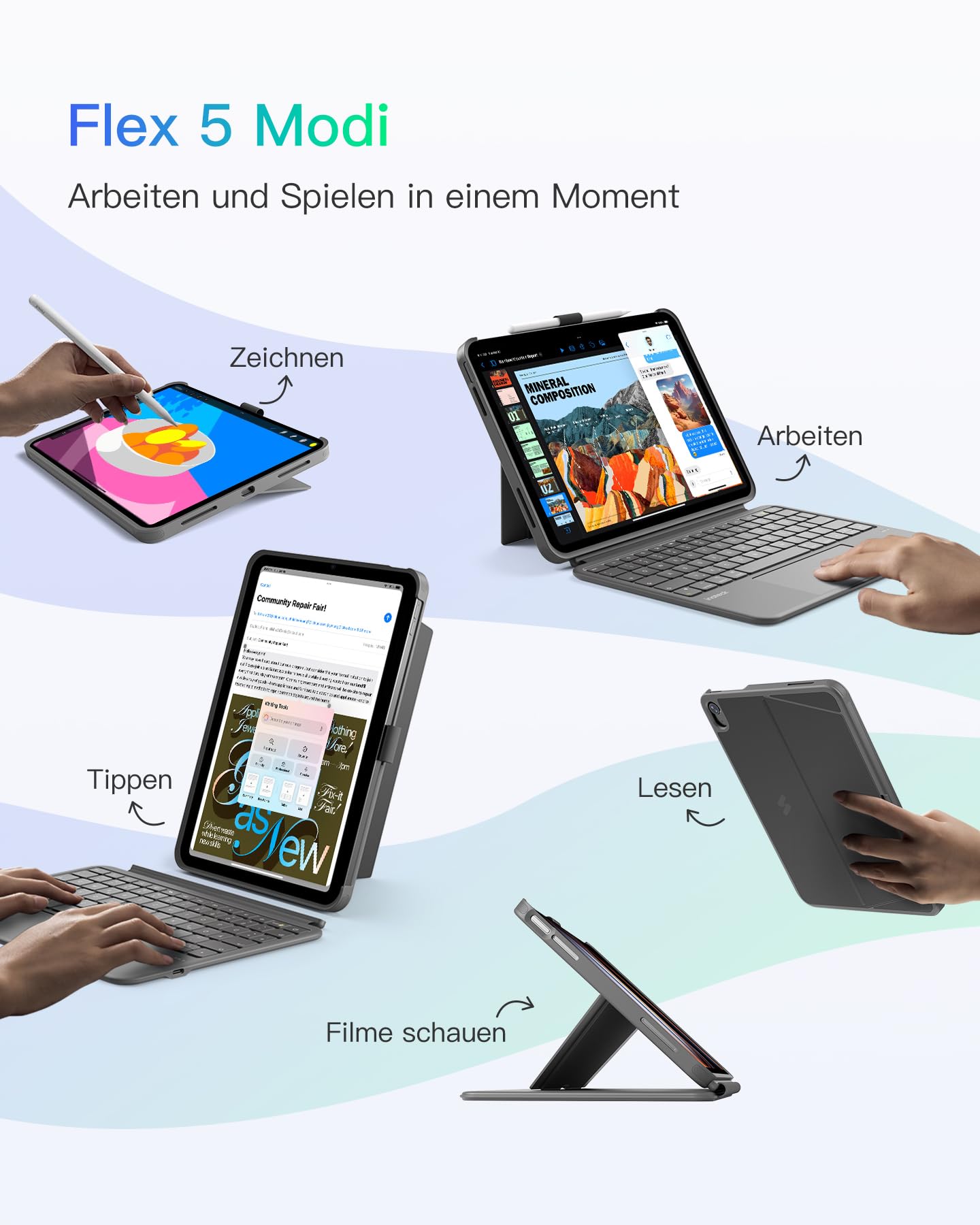 Inateck Hülle mit Tastatur für iPad 11 A16 2025 11 Zoll, iPad 10. Gen 2022 10,9 Zoll, 5,1" Vollflächen-Touchpad,Vertikaler/Horizontaler Ständer,Abnehmbar,mit Stifthalter,QWERTZ,Schwarz,AceTouch Pro