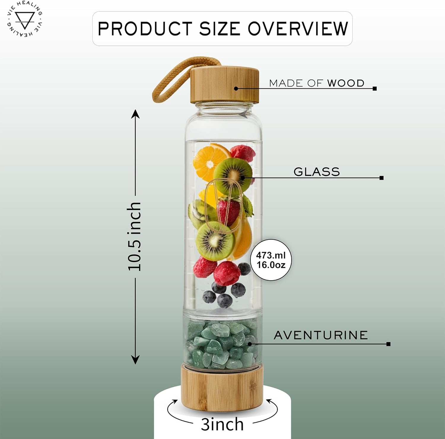 Vie Healing Gem Infused Aventurine Crystal Water Bottle, 16oz | Crystal Glass Bottle for Mindful Hydration, Daily Balance & Style | Eco Friendly Reusable Water Bottle for Home, Office, Gym & Travel