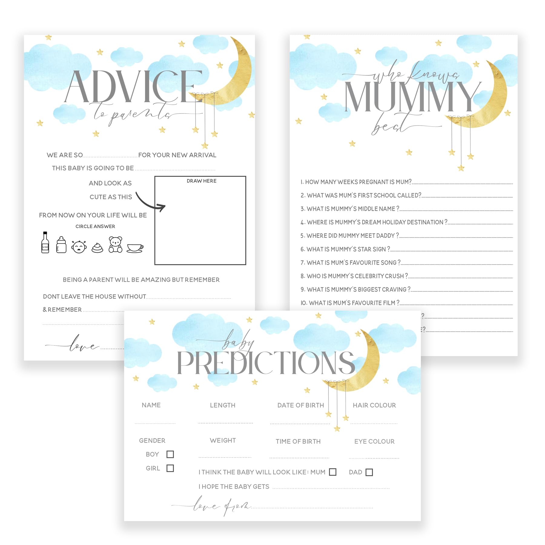 Gioco Per Baby Shower 3 In 1, Carte Per Feste Con Tema Luna E Stella, Confezione Da 30 Biglietti (BSBLUEMOON3IN1)