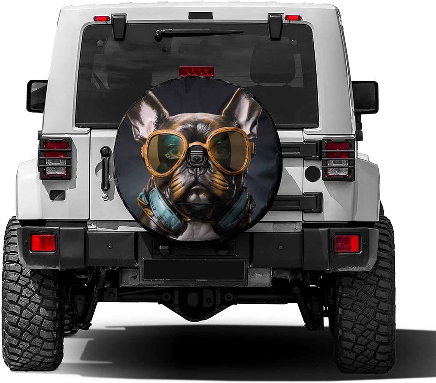 Delerain Spare Tire Cover with Backup Camera Hole French Bulldog Sunglass Wheel Covers Waterproof Dust-Proof UV Sun Universal Fit for Jeep Trailer RV SUV Truck (17 Inch for Diameter 31"-33")