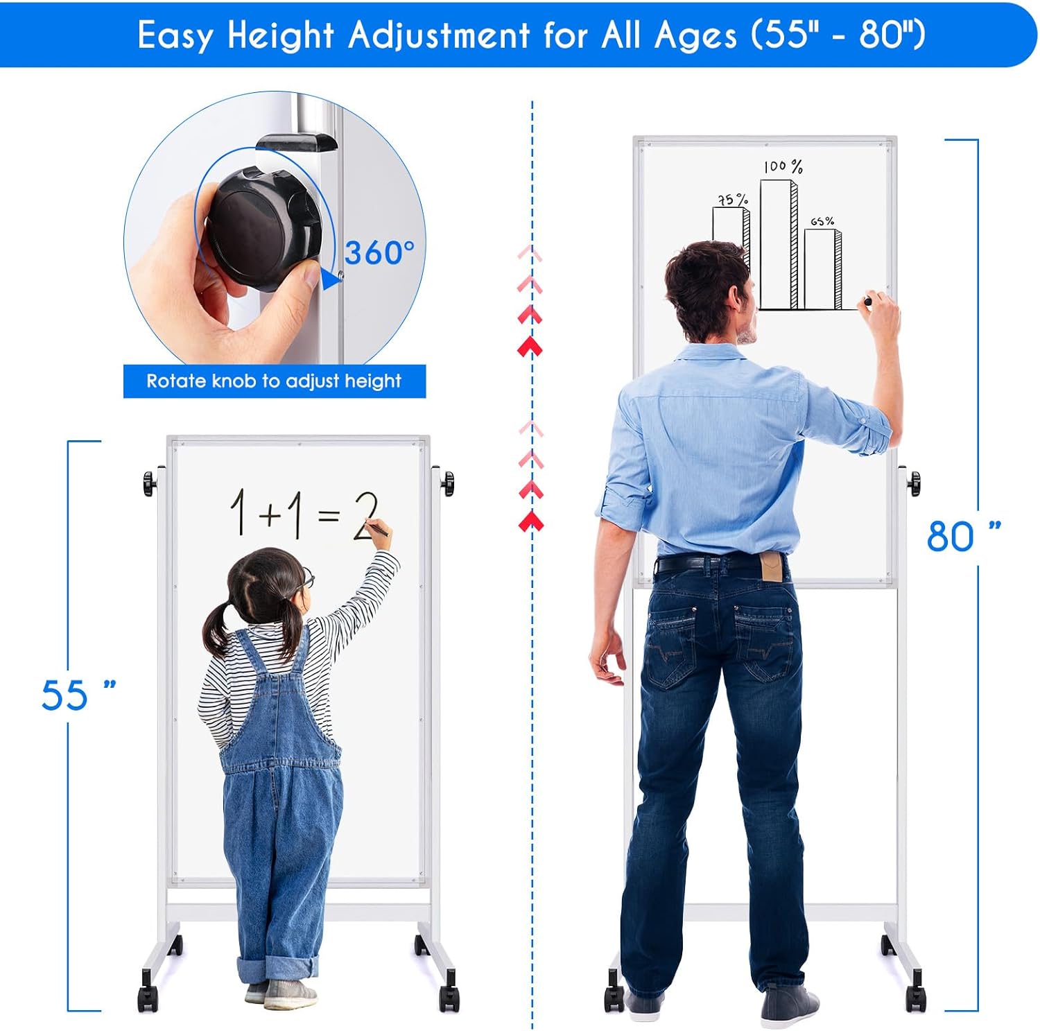 maxtek rolling white board, 48 x 24 height adjustable whiteboard on wheels, large magnetic standing mobile easel board, double-sided with stand for office, home, and classroom 24x48 in silver