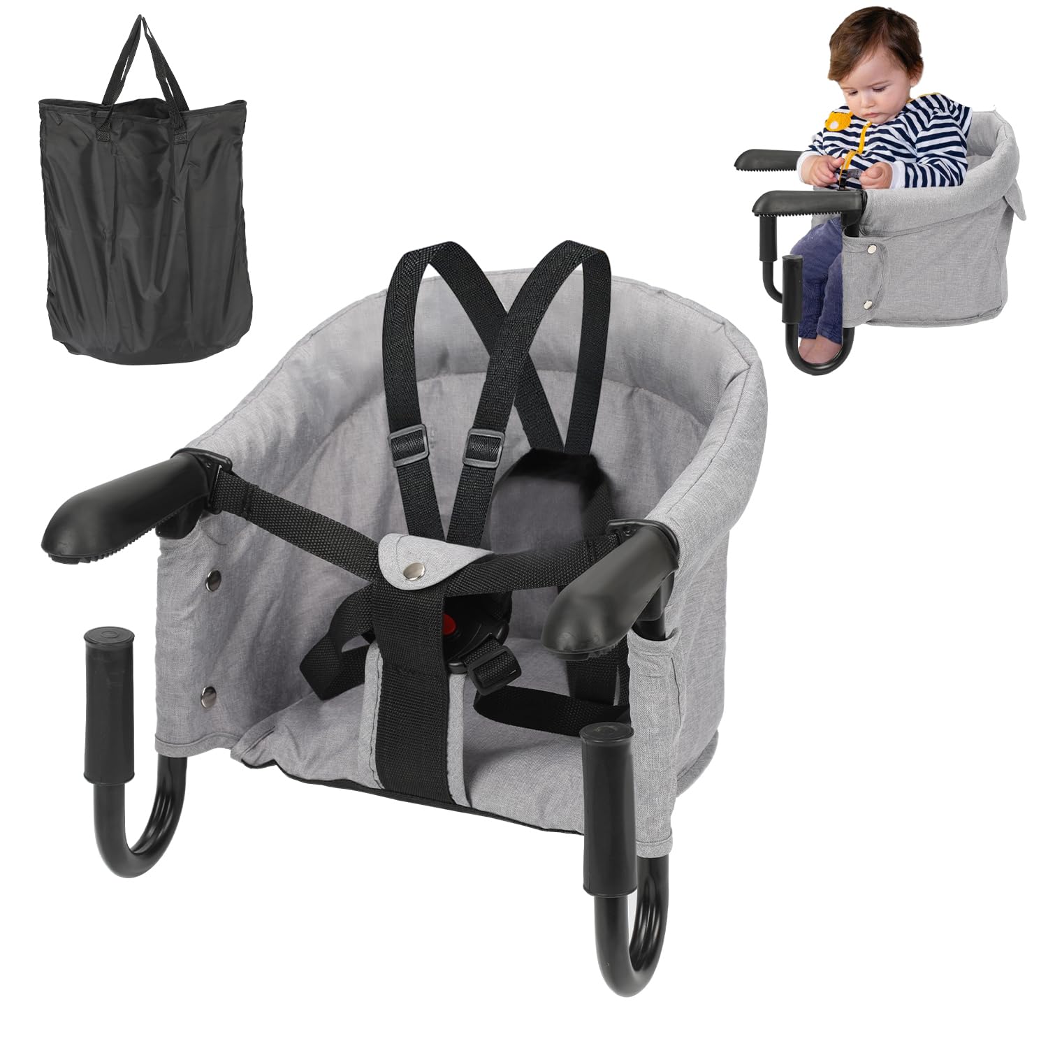 Tischsitz Baby, Faltbarer Kindersitz, mit Tragetasche | für zu Hause und unterwegs, Belastbarkeit 18kg, Grau