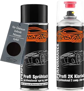 TRISTARcolor Car Paint 2K Spray Can Set for Datsun/Infiniti/Nissan GAD Red Highlight Black Metallic Base Coat 2 Components Clear Varnish Spray Can | för Datsun / Infiniti / Nissan, Red Highlight Black Metallic, Set med baslack + 2K-klarlack, sprayburkar 400ml
