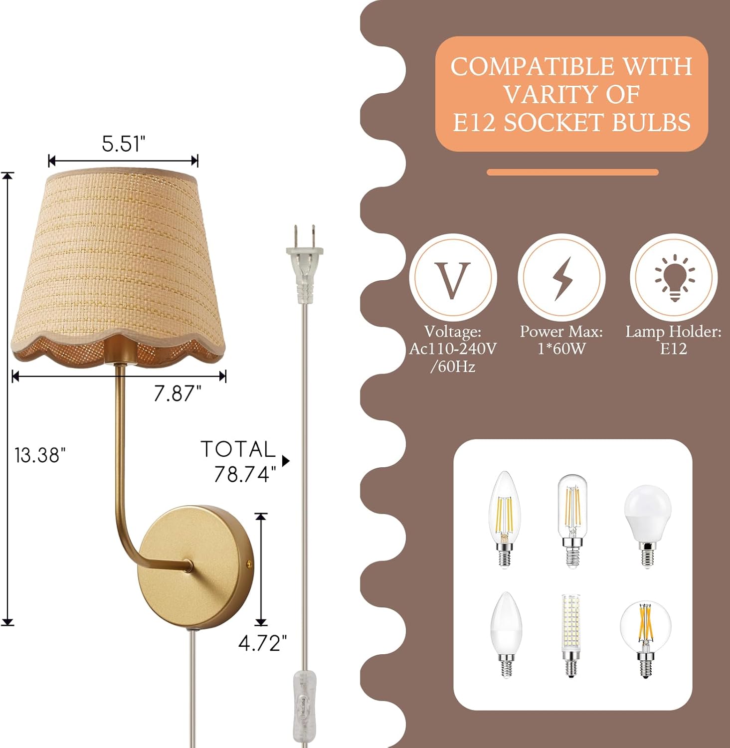 Boho Rattan Wall Sconces, Plug in Hand Woven Wicker Wall Light Antique Brass Brush Paint Finish Flower Shade Set of 2 for Bedside,Living Room, Hallway， Fireplace