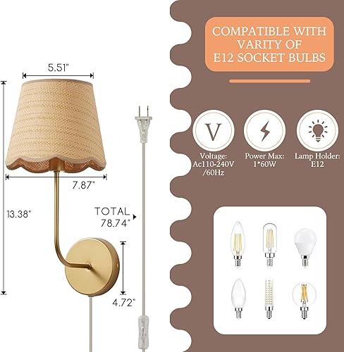 Miniatura 6 de Juego de 2 apliques de pared de ratán bohemios, enchufables de mimbre tejido a mano, latón antiguo, acabado de pintura, sombra de flores, para