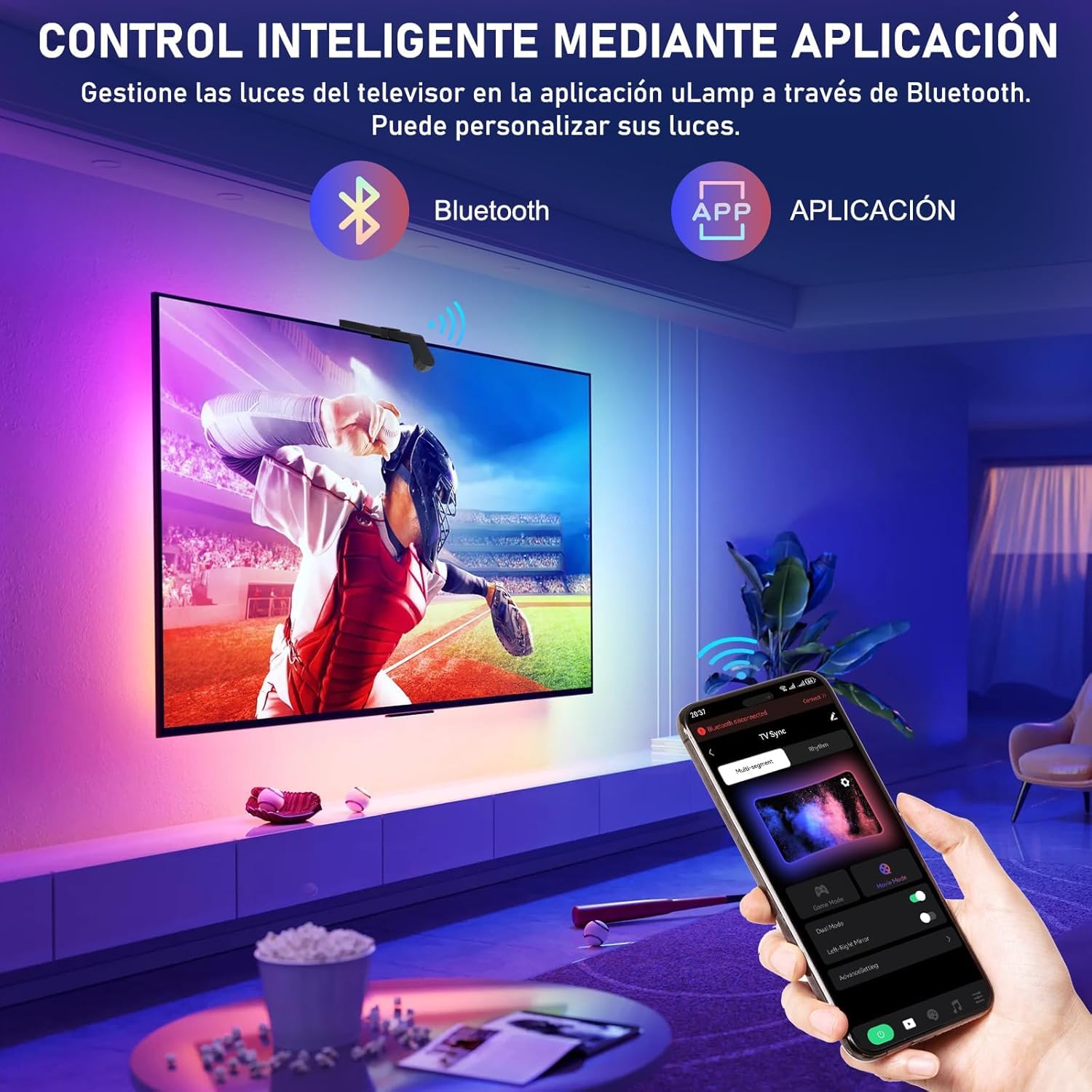 Tira LED para TV 7M Sincronizada con Imagen del Televisor, Retroiluminación LED con Sensor AR, Sincronización Musical RGB, Control Inteligente por App para TV y PC