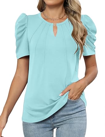 LUYAA Womens Summer Tops Dressy Casual V Neck Keyhole T Shirts Puff Short Sleeve Blouses