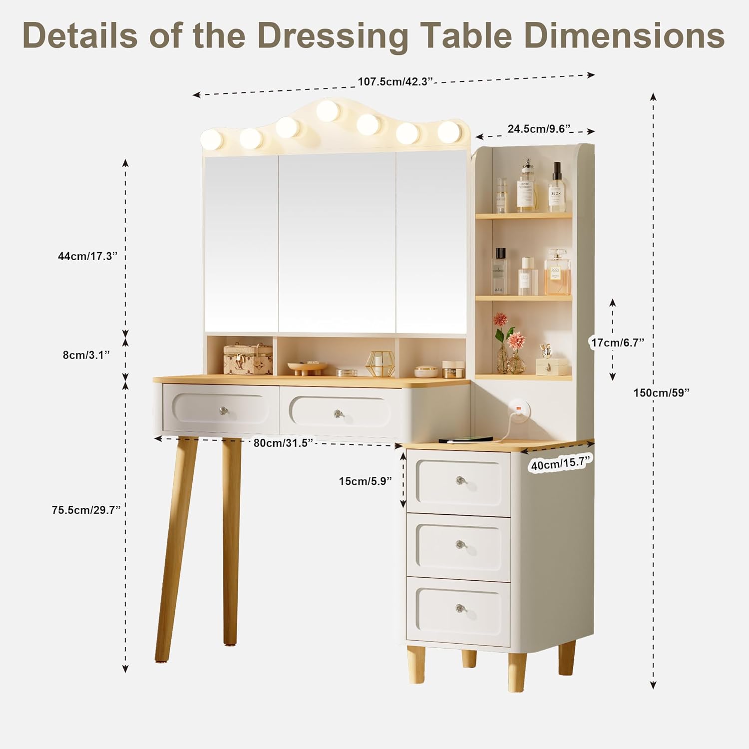 42.3'' Vanity Desk with Mirror and Lights, Makeup Vanity with 2 USB Power Strip, Vanity Set with Two Drawers and Three-Drawer Chest, 3 Lights Colors, Foldable Three-Sided Mirror, White