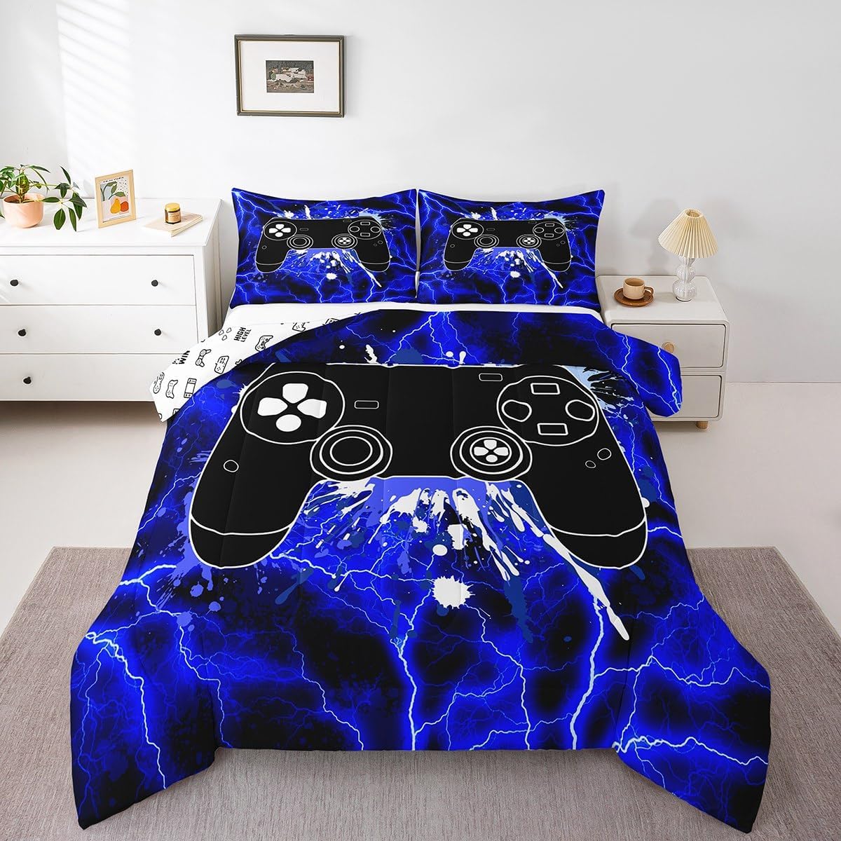 Feelyou Blue Gamer Comforter Set Lightning Gaming Bedding Set Toddler Size for Kids Boys Girls Teens Room Decor 3D Game Gamepad Duvet Quilt Soft Microfiber