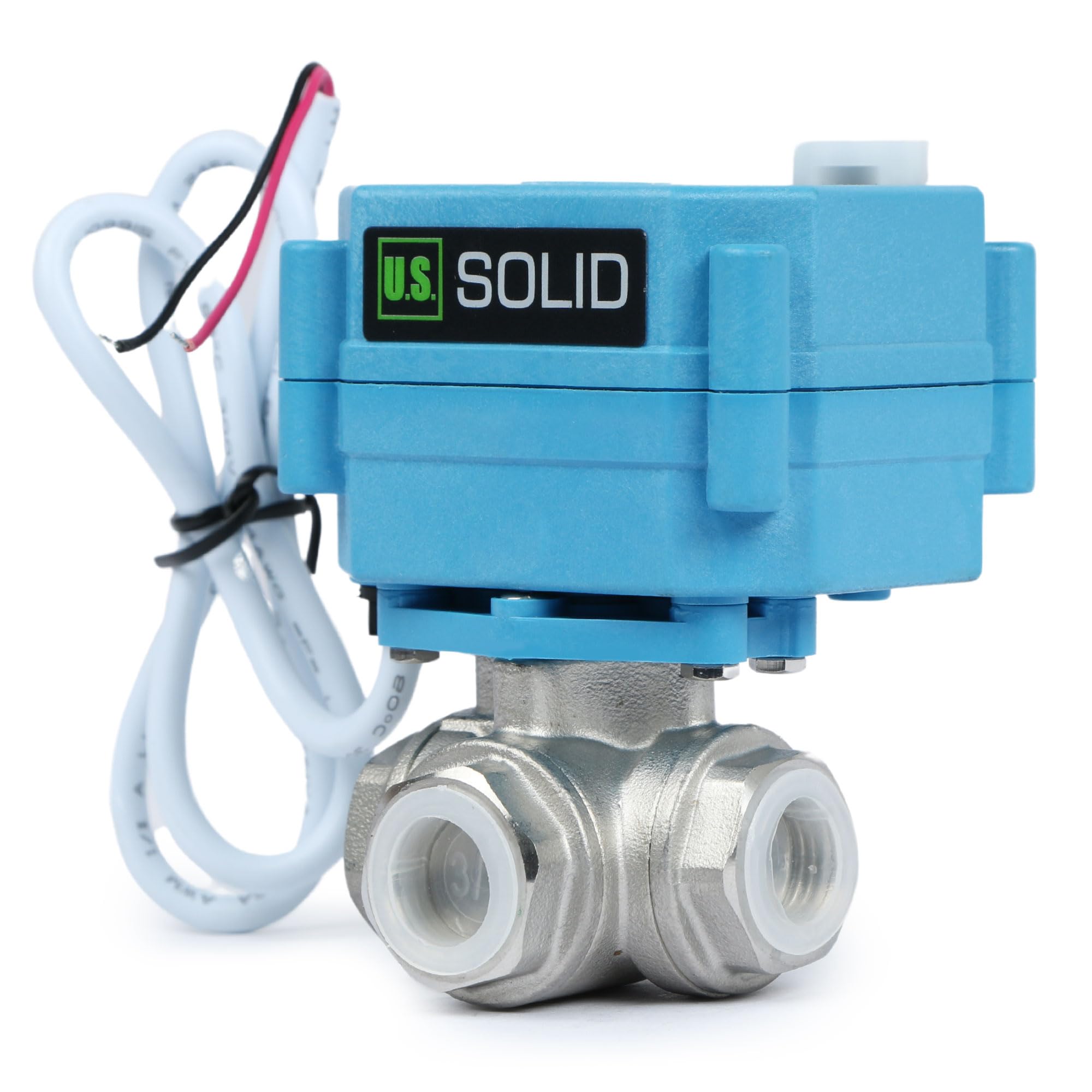 U.S. Solid Valvola 3 vie motorizzata 3/8" in acciaio inox – AC 110–230 V, Tipo L, funzione manuale, porto standard, per acqua