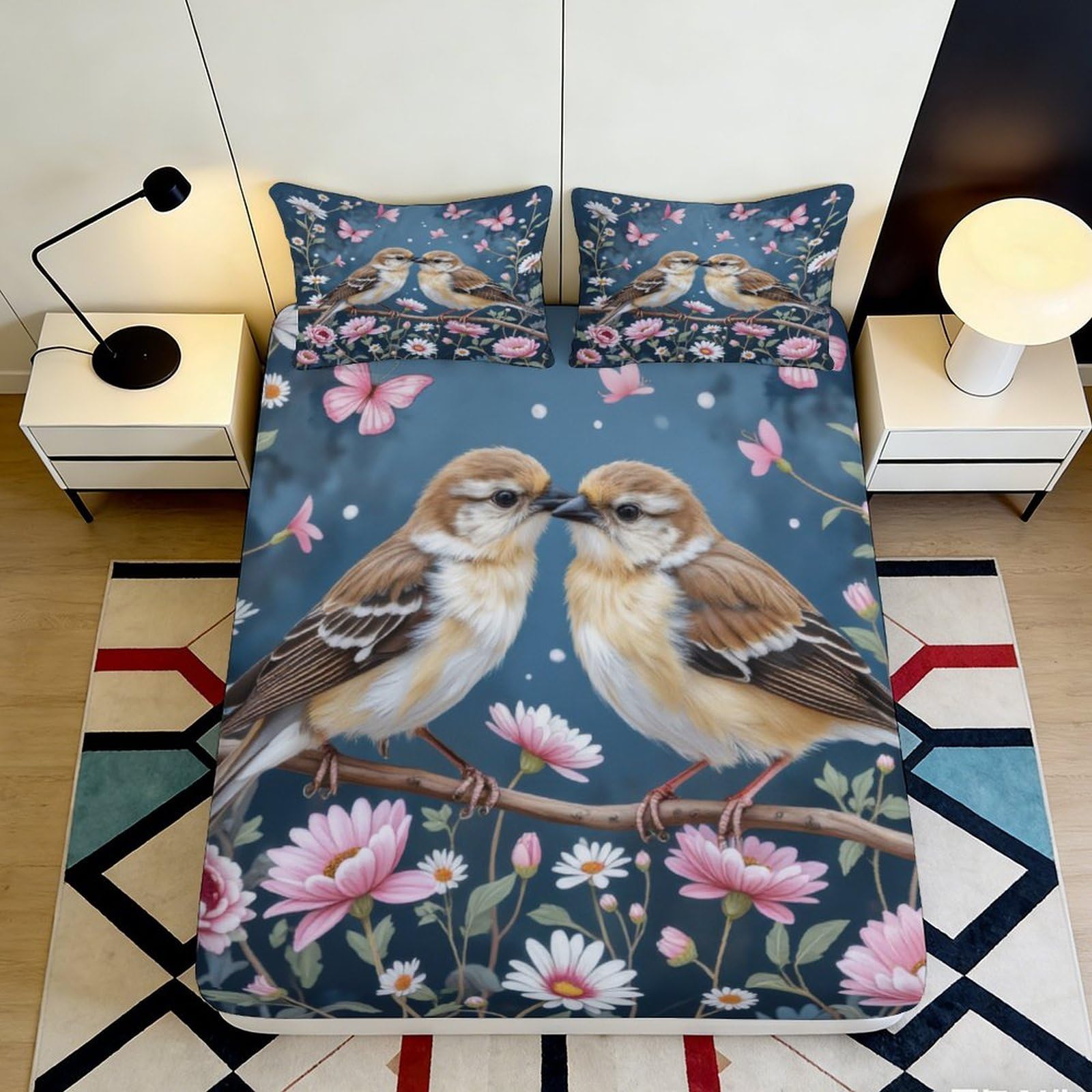 Wtorimpel Style-9 3D Printed Cute Birds Fitted Sheet Microfiber Deep Pocket Bedroom Bedding Full Wrap Floral Birds Mattress Fitted Cover Washable 90X200x25cm