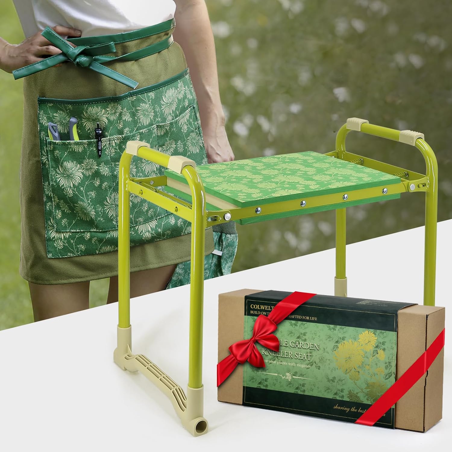 Colwelt Garden Stool and Kneeler Set, Garden Seat and Kneeler Heavy Duty with 10" Wide Soft Kneeling Pad, Non-Slip Garden Bench for Kneeling and Sitting with Elegant Apron, Gardening Gifts for Women