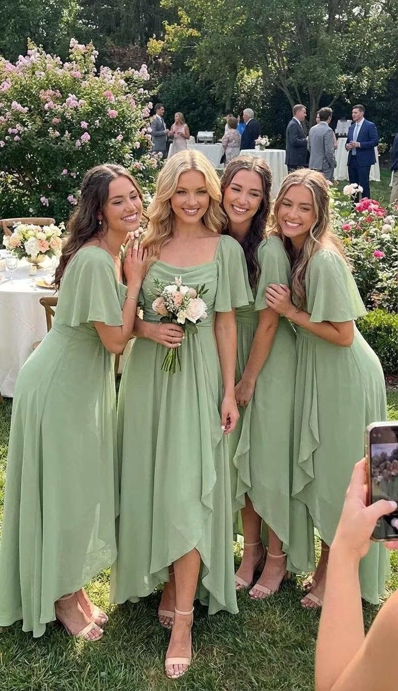 Chiffon A Line Bridesmaid Dresses for Women Flutter Sleeve Long Formal Evening Dress with Slit - Image 4