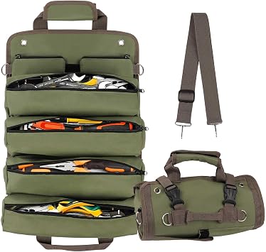 Tool Roll Bag, Heavy Duty Canvas Tool Bag with 4 Zipper Pockets and 2 Removable Tool Bags, Portable Multi Purpose Tool Organiser and Storage Carrier Pouch for Plumbers, Electricians and Craftsmen