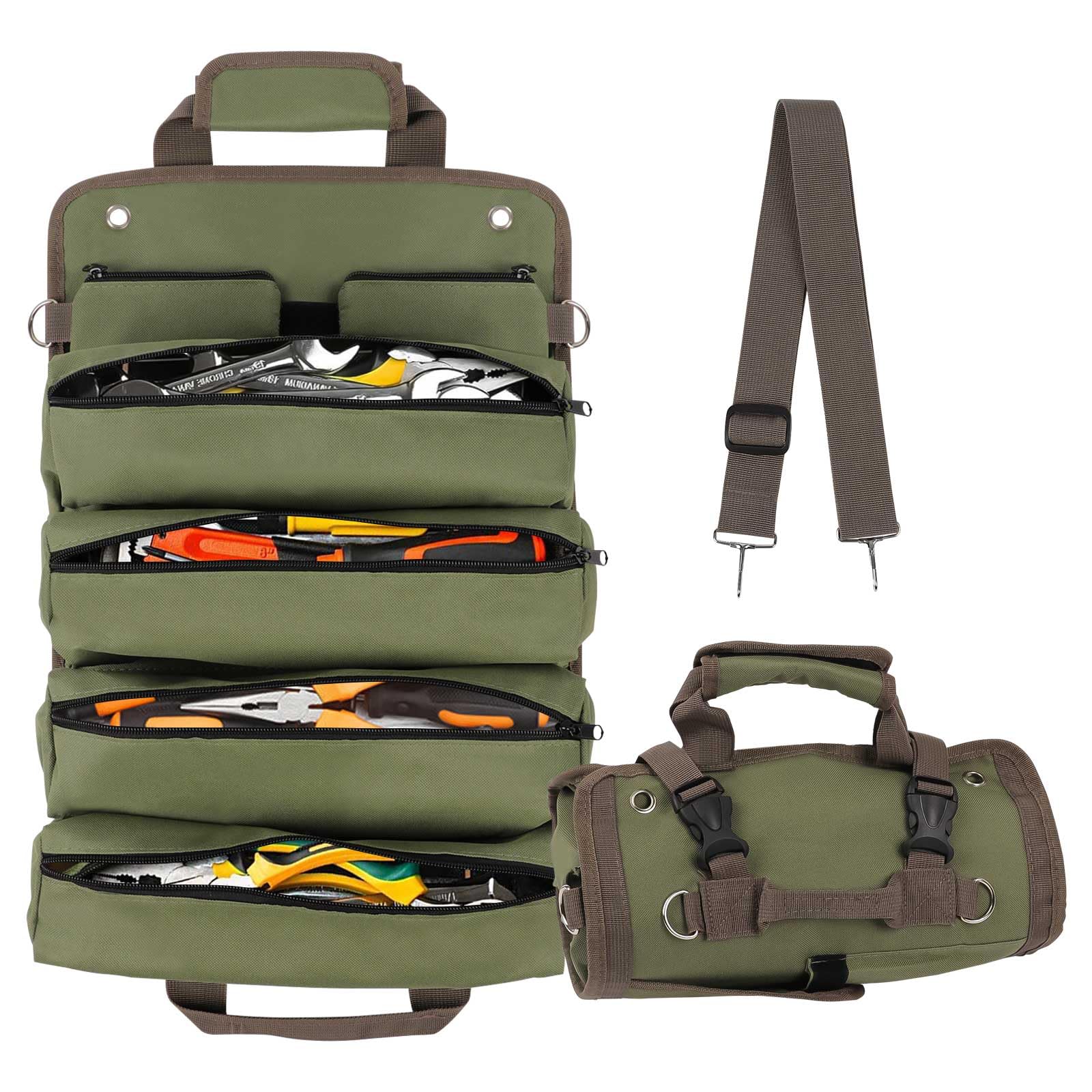 Tool Roll Bag, Heavy Duty Canvas Tool Bag with 4 Zipper Pockets and 2 Removable Tool Bags, Portable Multi‑Purpose Tool Organiser and Storage Carrier Pouch for Plumbers, Electricians and Craftsmen