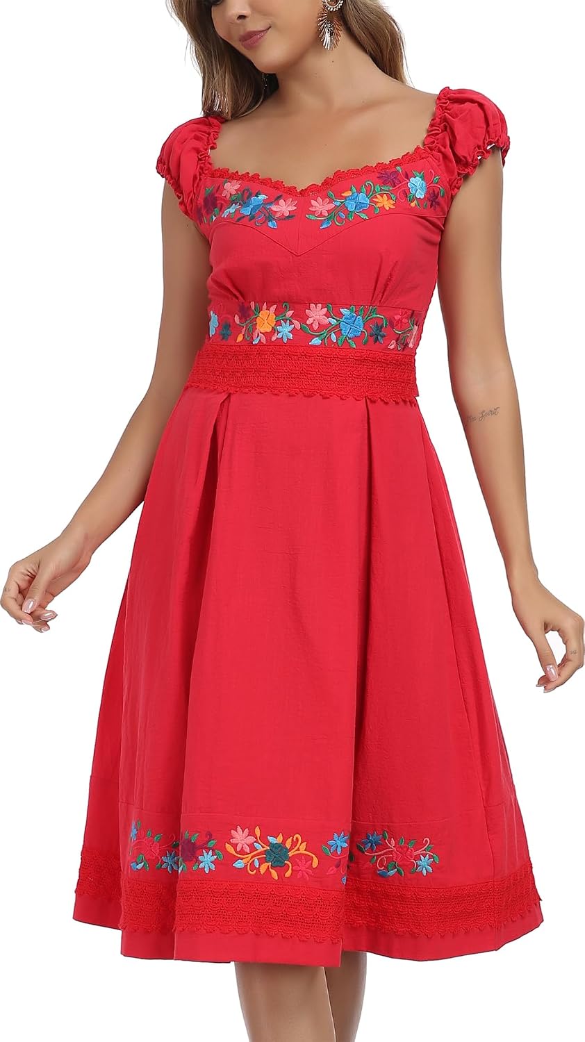 YZXDORWJ Mexican Dress for Women Embroidered Off Shoulder Peasant Cotton Dress Boho Outfit