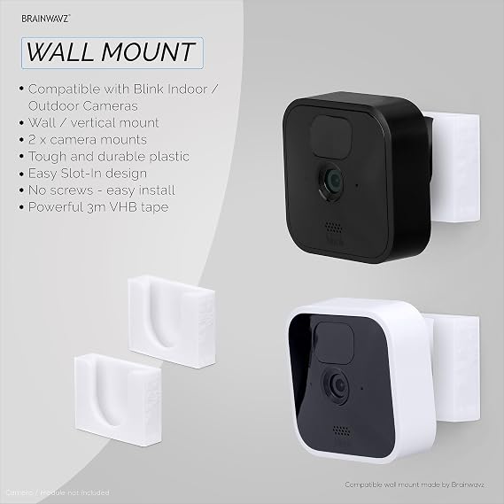 Adhesive Blink Outdoor Indoor Camera Mount (3RD GEN), 2 Pack Holder, No Hassle Installation, No Screws, No Mess Bracket Stand, (White) by Brainwavz
