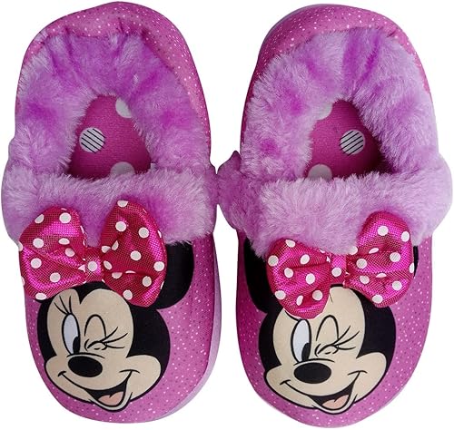 Disney Pantuflas de Minnie Mouse para niña, pantuflas mullidas de felpa, suela antideslizante (bebéniña pequeñaniña grande)