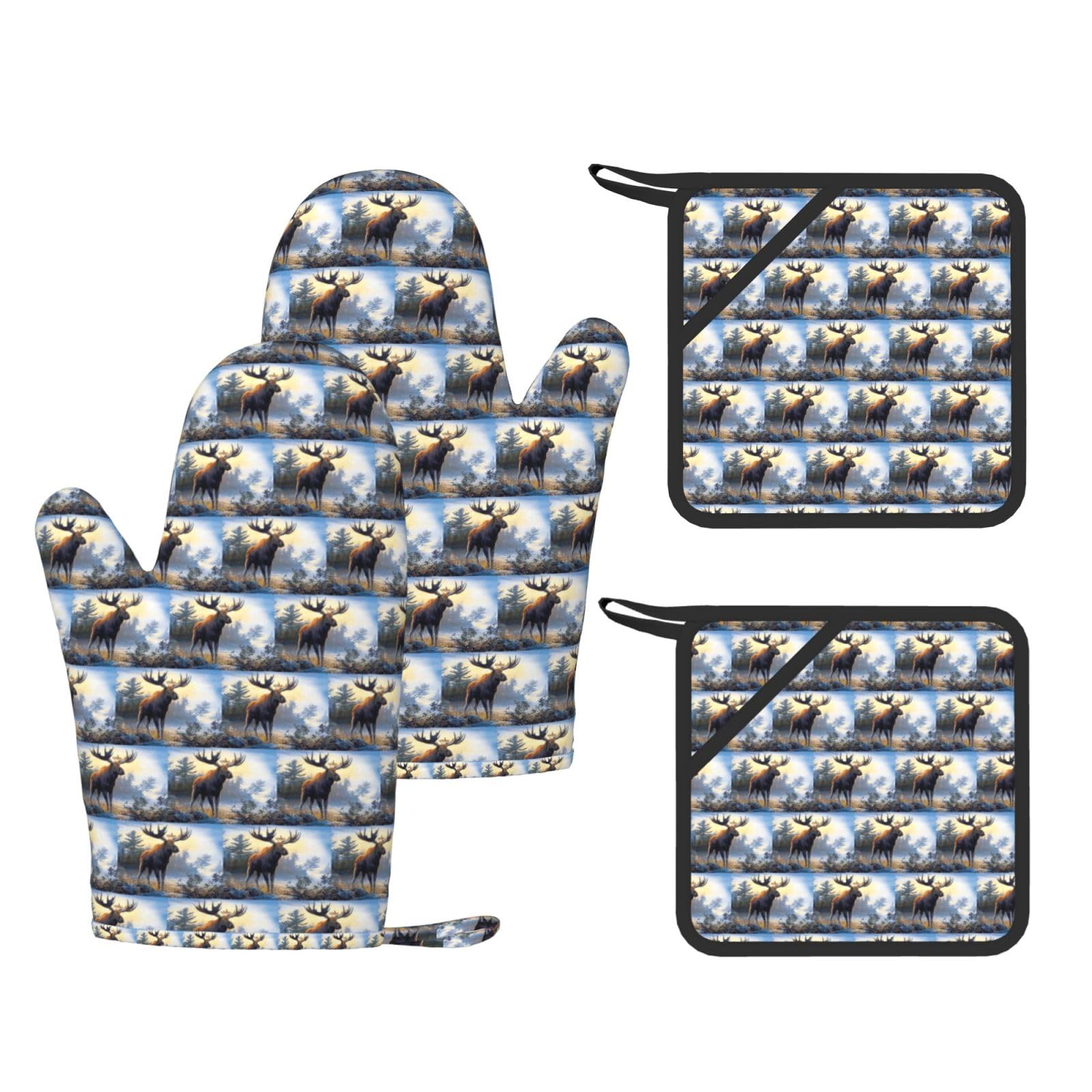 Fall Moose Deer Printed Potholder and Oven Mitt Set of 4, High Heat Resistant Cooking Gloves for BBQ Grilling