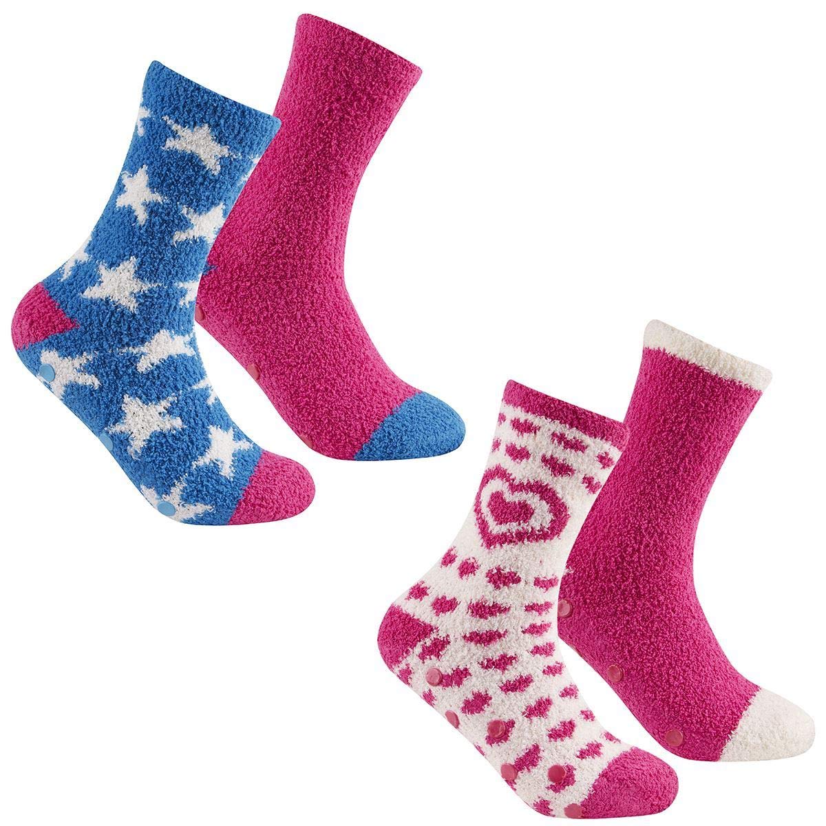 Sock Stack Slipper Socks Pack of 4 Women's Cosy Gripper Sock Slippers Hearts Stars Winter Gift For Ladies With Non Slip Soles, B99