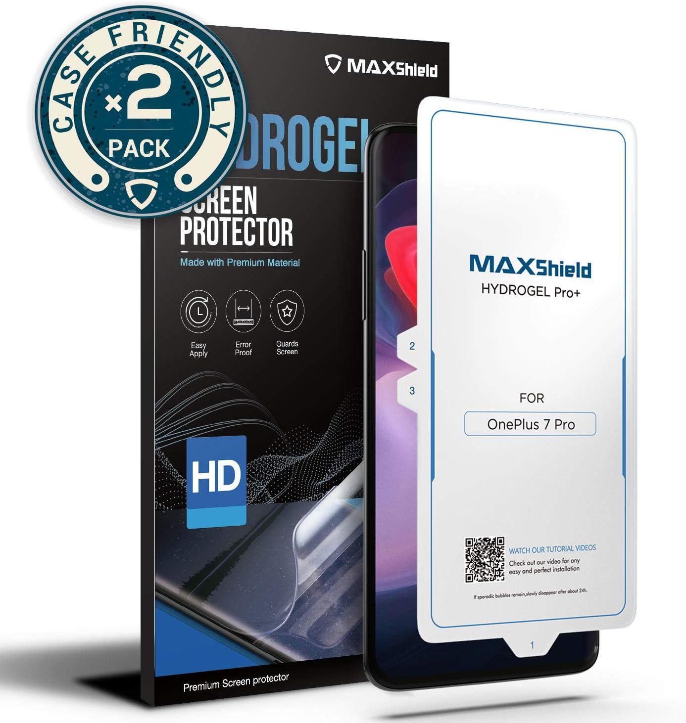 MAXSHIELD Compatible with OnePlus 7 Pro Screen Protector, 2-Pack [Case-Friendly] Screen Protector Protective Film Compatible for OnePlus 7 Pro, HD Clear Anti-Bubble & Easy Installation