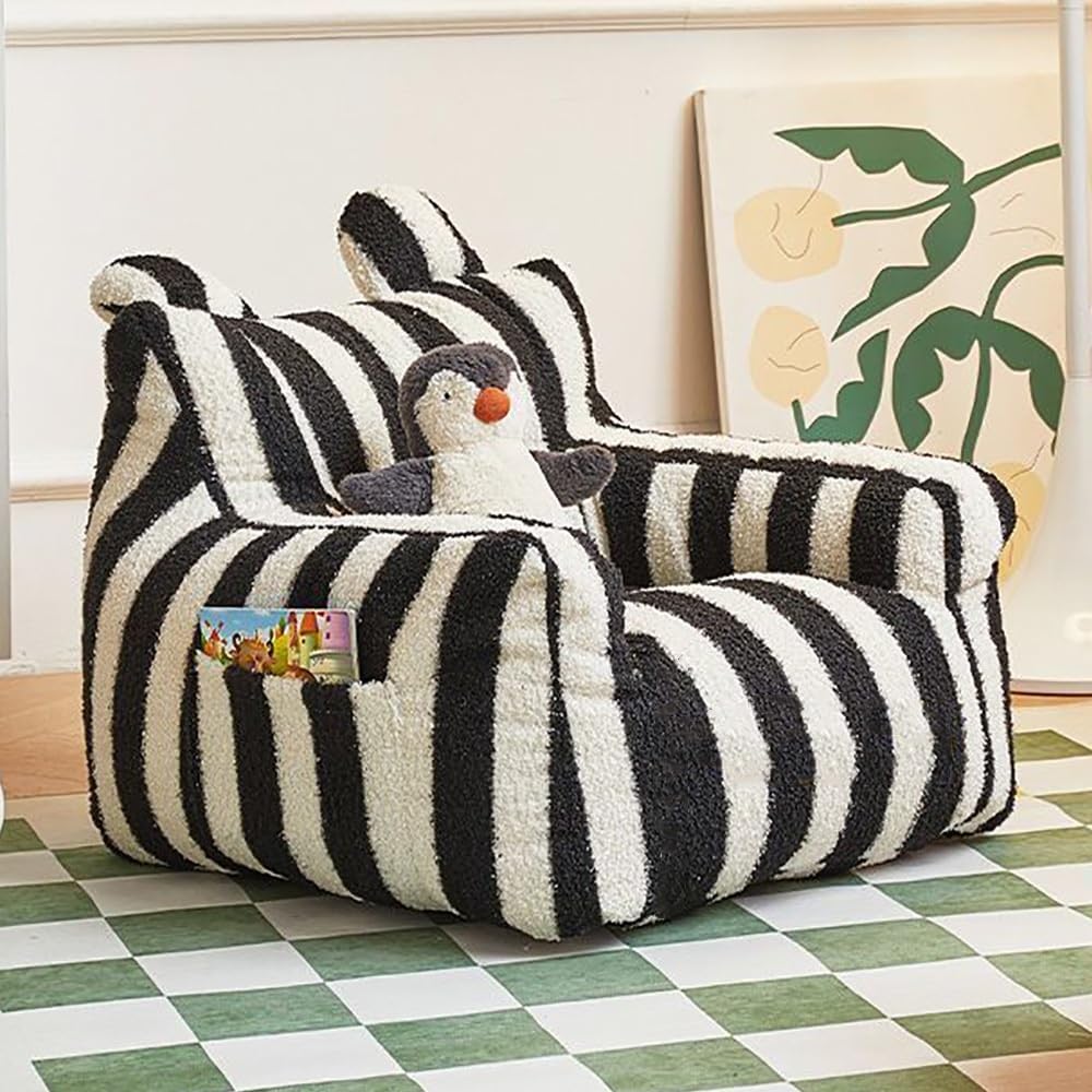 Children's Teddy Fleece Bean Bag Chair(No Fillers) Bean Bag for Girls and Boys, Kids Armchair, Beanbags for Children, Nursery Décor, Playroom Décor, Bedroom Accessories(Black Stripes)