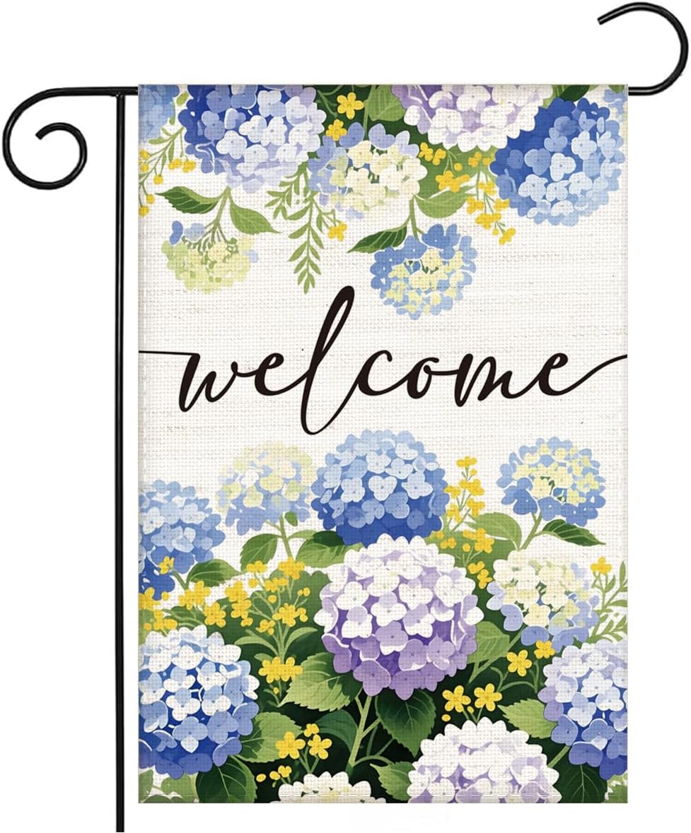 Floral Welcome Spring Garden Flag - Double Sided Hydrangea Burlap Seasonal Small Yard Flag for Lawn & Patio Outdoor Decoration (12×18 Inch)