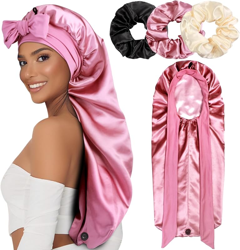 Touca de cetim longa com faixa para amarrar e scrunchies Heniho, camada dupla, 1 touca e 3 scrunchies
