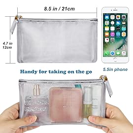 HRX Package Nylon Mesh Cosmetic Zipper Bags, Metallic Silver Makeup Pouches Travel Organizer Case for Purse Diaper Bag (4PCS)