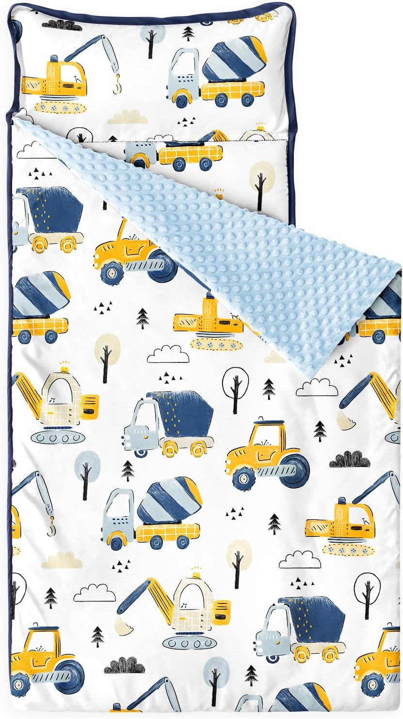 Wake In Cloud - Toddler Nap Mat with Pillow and Minky Fleece Blanket, for Kids Boys Ages 3 Plus in Daycare Preschool, Roll Up Sleeping Bag, Excavator Construction Car
