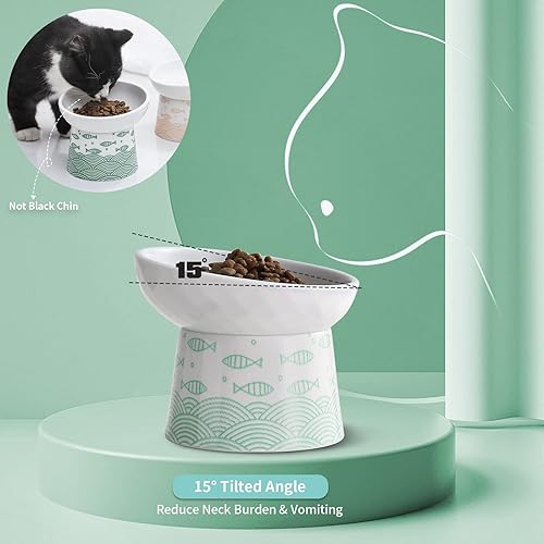 Miniatura 5 de OMAYKEY Cuencos elevados de cerámica para gatos, juego de cuencos elevados inclinados para comida y agua, plato de porcelana libre de estrés para