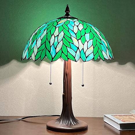 COTOSS Tiffany Style Table lamp, Green Wisteria Stained Glass Desk Light - Antique 16” Large Nightstand Bedside Reading Light for Living Room Bedroom Office