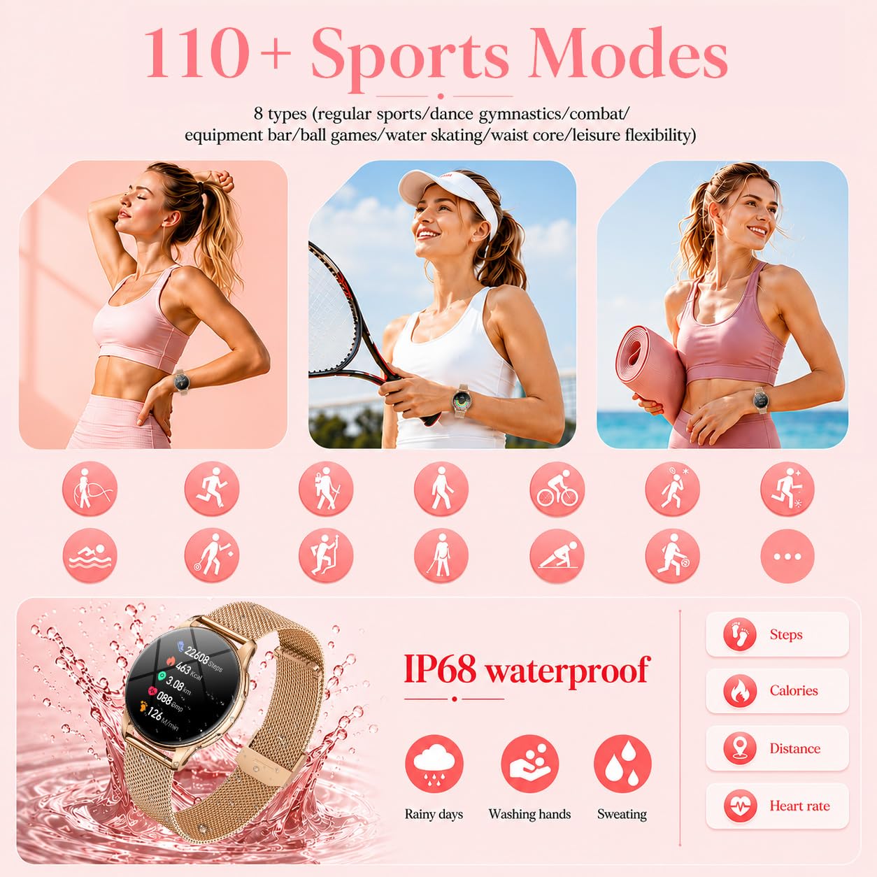 Orologio Smartwatch Donna con Chiamate Bluetooth: 1.32" AMOLED Smart Watch da Cardiofrequenzimetro Pressione Sanguigna Sonno Sport Contapassi Impermeabile IP68 Fitness Watches per Android e IOS