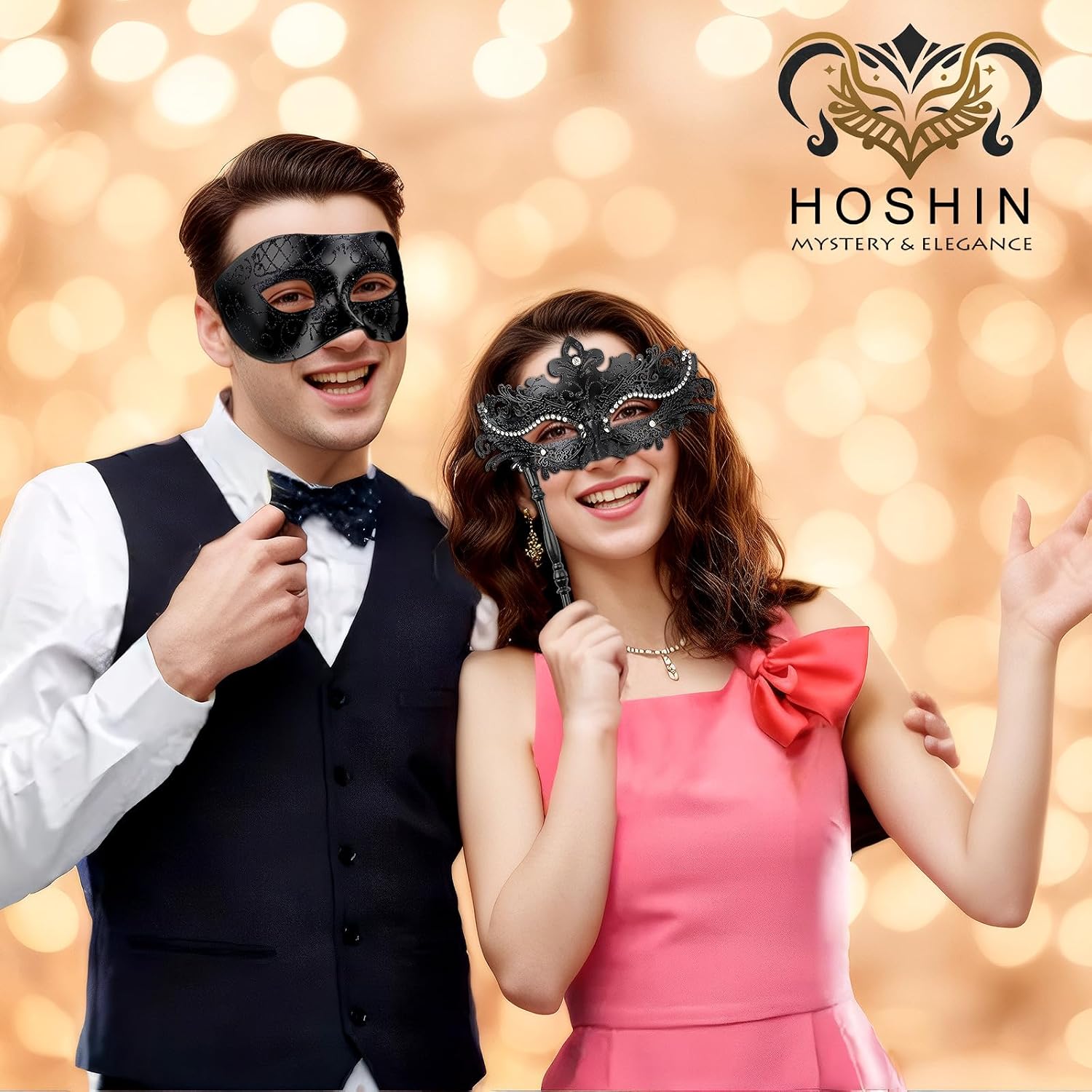 Hoshin Masquerade Mask for Couple, Mardi Gras Deecorations Venetian Masks with Stick for Womens