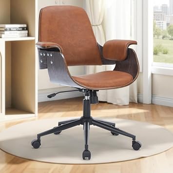 Mid Century Modern Home Office Chair,Ergonomic U-Shape Mid Back Executive Chair,Adjustable Height Swivel Computer Chair with Walnut Finish&PU Leather,Accent Chairs for Study Bedroom WorkspaceBrown