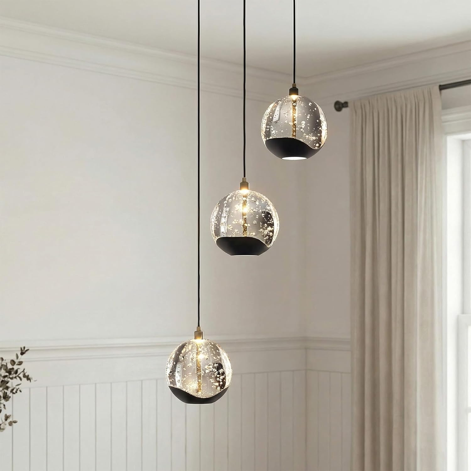 3-Light Black Glass Globe Chandelier, Modern Bubble Glass Cluster Pendant Lights for Kitchen Island & Dining Room Light Fixture & Foyer Chandelier, Warm White 3000K, LED 1175 lm, Ø 9.8 in