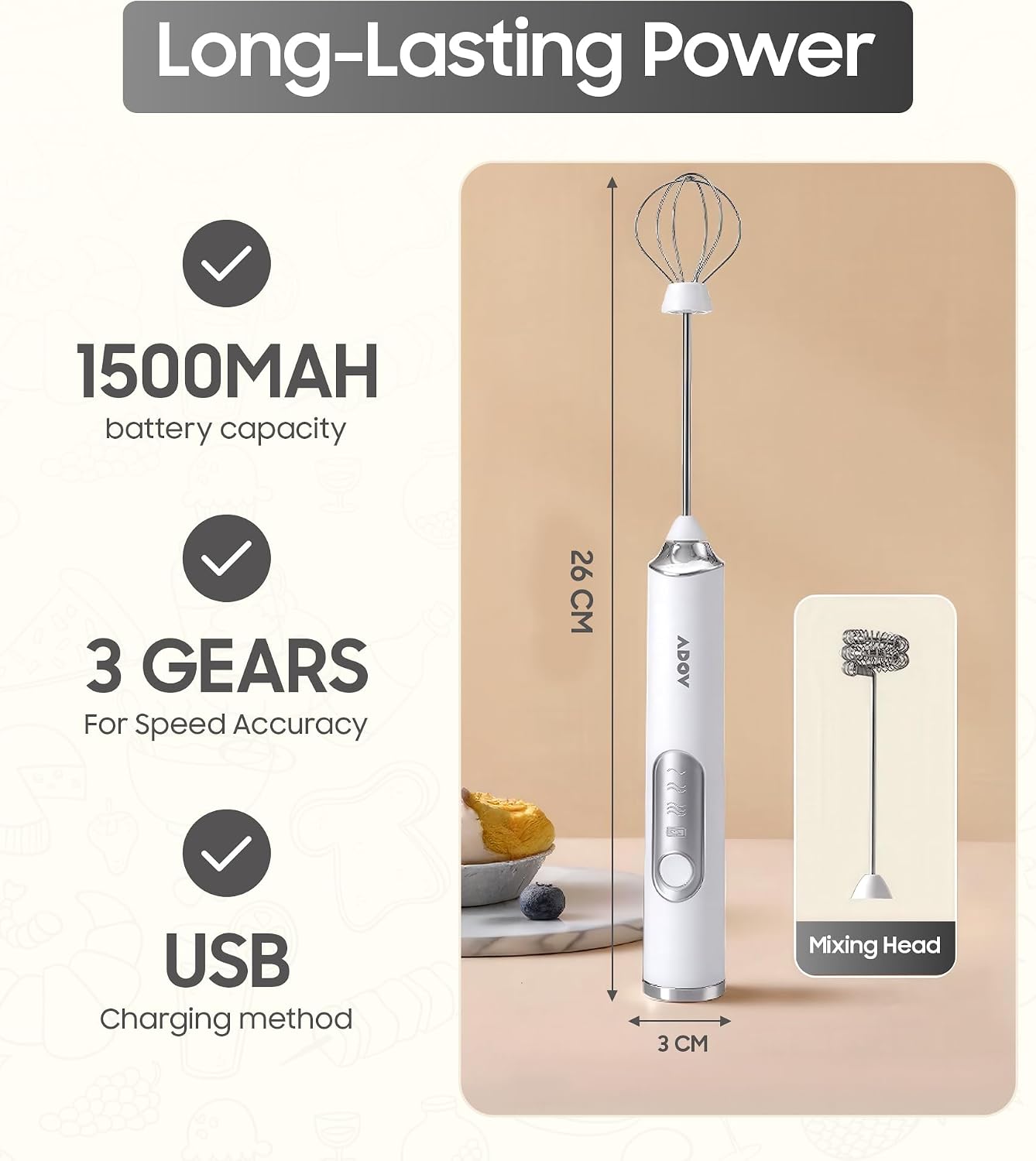 ADOV Milk Frother Handheld, Stainless Steel Electric Coffee Whisk and Egg Beater, Rechargeable Battery Powered Automatic Milk Foamer Drink Mixer for Latte, Cappuccino, Hot Chocolate, Matcha (White) image 2