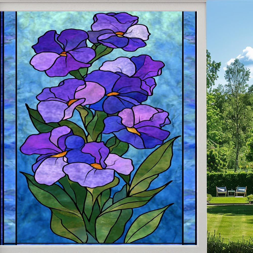 Pmlbaous Retro Iris Floral Stained Glass Window Film, Colorful Natural Flowers Peel And Stick Privacy Film, Frosted Adhesive Vinyl Decorative For Bathroom Windows Glass Doors, （90X140cm）
