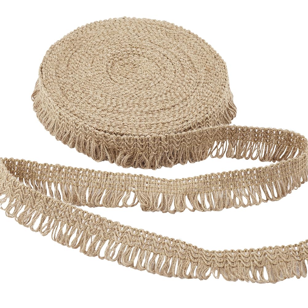 GORGECRAFT 10mX25mm Iuta con Frange Nappe Pizzo Cucito Catenella Frange Passamanerie Corda di Iuta Piatta Corda di Canapa Pennello Passamaneria di Base per Decorazioni Natalizie Balli Latini Abiti