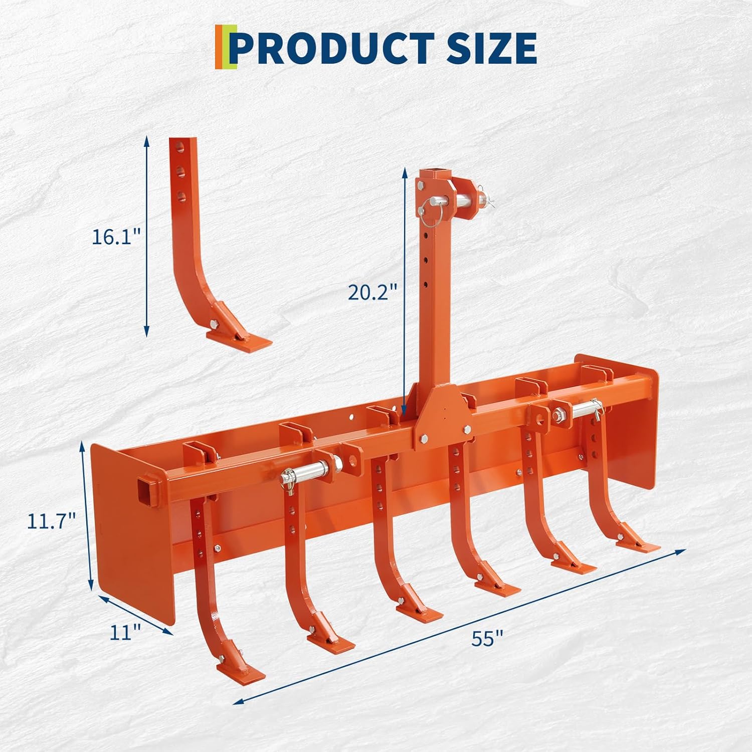 55" Box Blade for Tractor, 3 Point Hitch Box Scraper Attachment - Heavy Duty Land Leveling & Grading Implement, Compatible with CAT 1 & CAT 0 Tractors, 6 Adjustable Shanks
