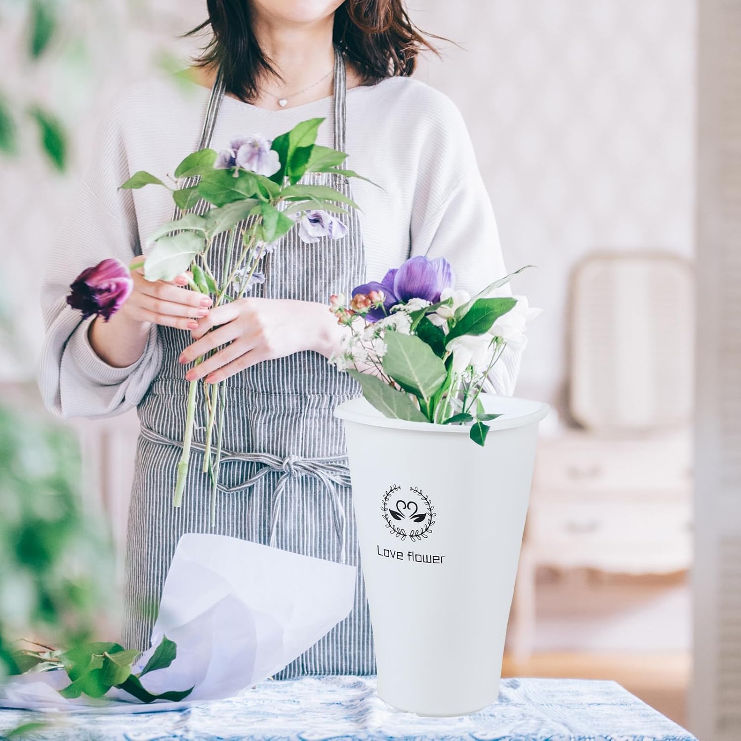 6-Pack White Plastic Flower Buckets, 12 Inch Floral Bucket Vases for Cut Flowers